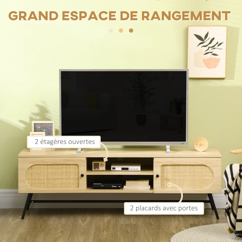 HOMCOM Lot de Meuble TV et Meuble de rangement - design aspect bois et cannage - 2 passe-câbles - pieds métal noir - naturel