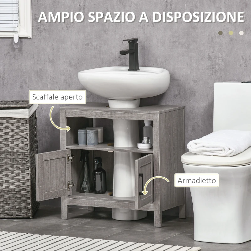 kleankin Mobile Sottolavabo con Armadietto a 2 Ante e Ripiani in Legno 60x30x60cm, Grigio