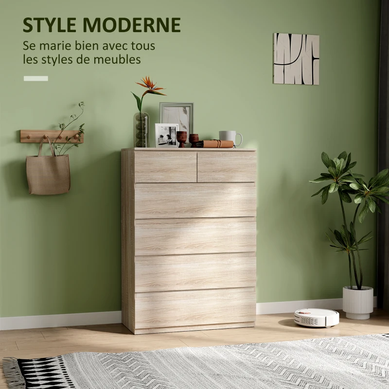HOMCOM Commode 6 tiroirs meuble de rangement sans poignées design minimaliste 80 x 39 x 115 cm bois naturel