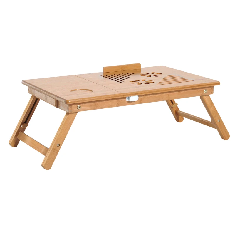 HOMCOM Mesa Plegable de Bambú, Mesa de Ordenador Portátil, para Cama y Sofá, Altura Ajustable, Cajón, Patas Plegables, para Leer, Escribir, Comer, Trabajar, Natural