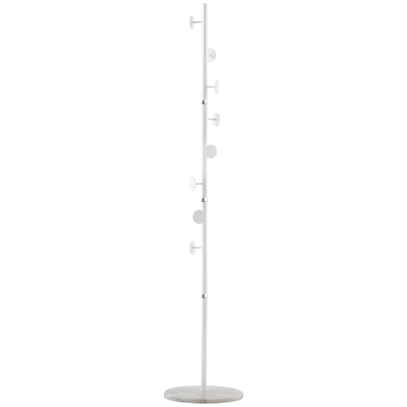 HOMCOM Coat Rack Free Standing Hall Tree with 8 Round Disc Hooks for Clothes, Hats,Purses, Steel Entryway Coat Stand with Marble Base for Entryway, Living Room, Bedroom, White
