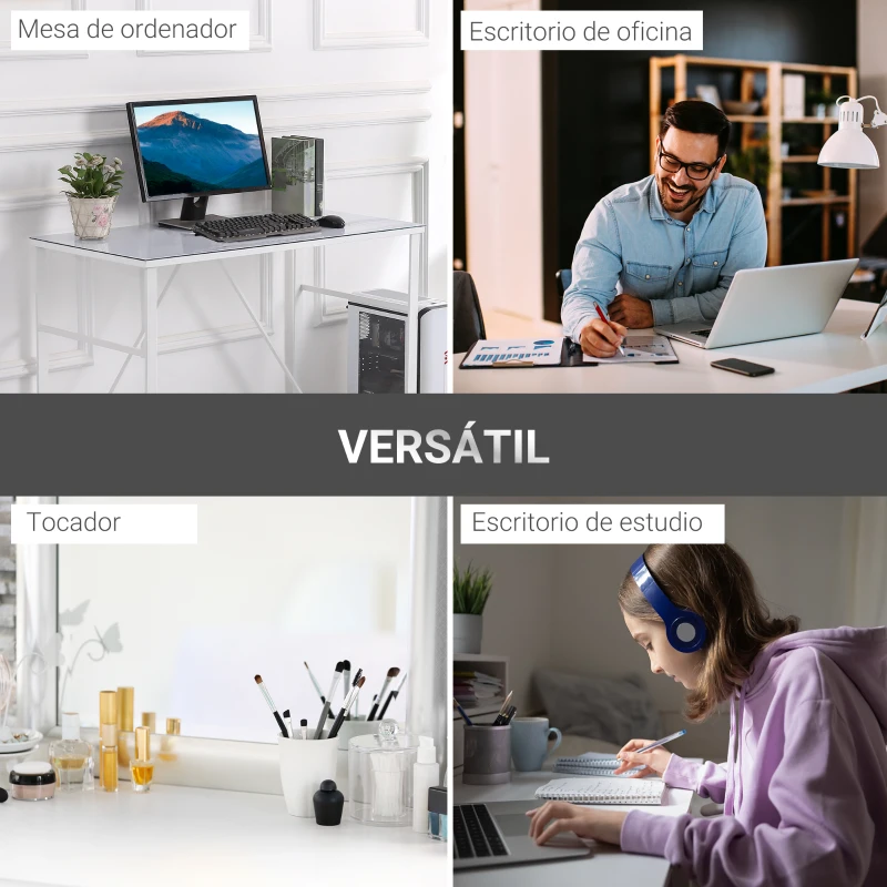 HOMCOM Escritorio Mesa de Ordenador 120x60x74,5 cm con Tablero de Vidrio Templado y Patas de Metal Carga 80 kg Estilo Moderno para Oficina Estudio Dormitorio Blanco