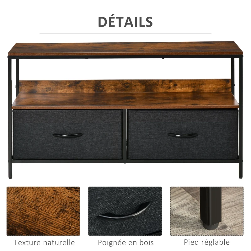 HOMCOM Meuble TV Bas sur Pieds Style Industriel 2 tiroirs en Tissu Gris MDF Marron Rustique et métal Noir