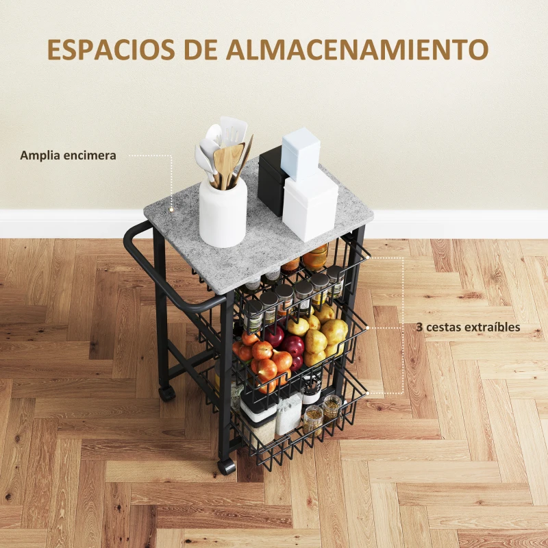 HOMCOM Carrito Verdulero para Cocina con 3 Cestas Deslizables y Marco de Acero 49,5x31x69 cm Gris Claro