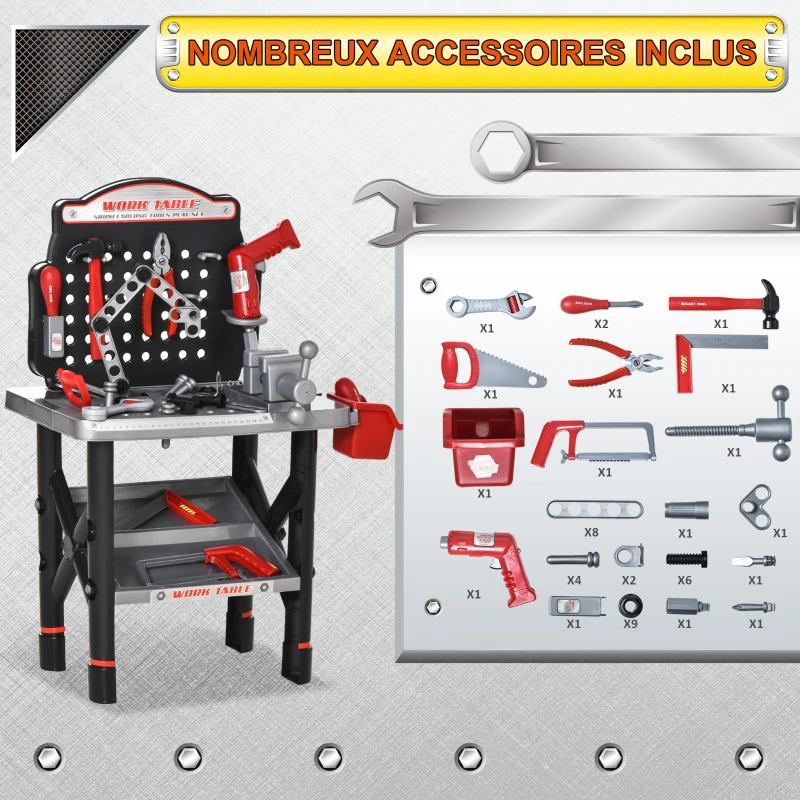 HOMCOM Etabli et Outils pour Enfant - Jeu d'imitation Bricolage - Nombreux Accessoires Plus de 50 pièces & Outils variés - PP Noir Gris Rouge