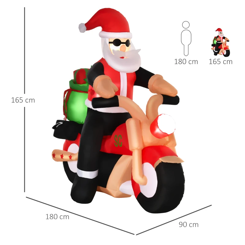 HOMCOM Babbo Natale Gonfiabile su Motocicletta 165cm con Luci LED Integrate, Decorazione Natalizia da Esterno