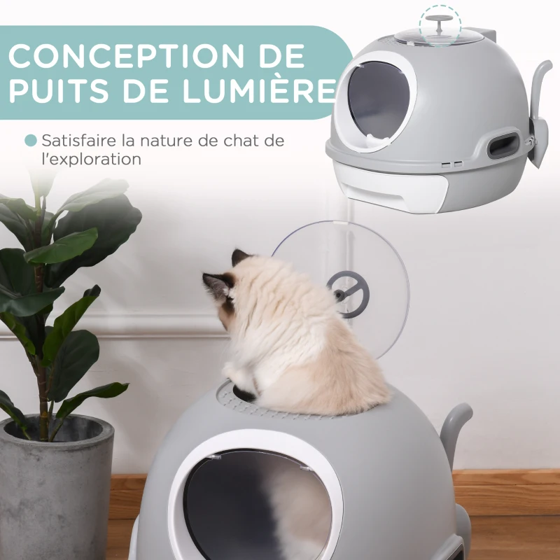 PawHut Bac à litière pour chat maison de toilette portable pour chat tiroir à litière coulissant porte battante lucarne + pelle