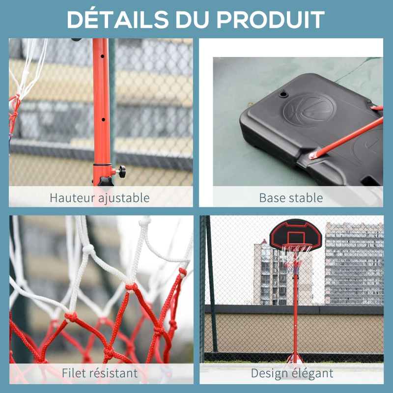 HOMCOM Panier de basket extérieur avec poteau panneau, base de lestage sur roulettes hauteur réglable 155 - 210 cm (panier) - rouge noir