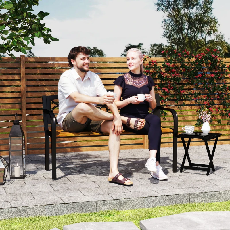 Outsunny Banco de Jardín de 2 Plazas con Respaldo Forjado y Apoyabrazos Curvados de Diseño Elegante 127x56x80 cm Negro y Madera