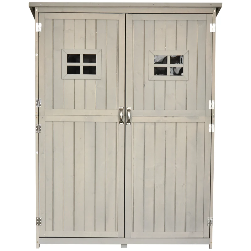 Outsunny Wooden Garden Shed with Two Windows, Tool Storage Cabinet, Outdoor Double Door Organizer 127.5L x 50W x 164H cm, Grey
