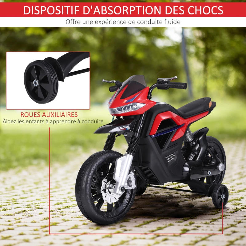HOMCOM Moto électrique pour Enfants de 3-6 ans 25 W 6 V 3 Km/h Effets Lumineux et sonores roulettes Amovibles Charge max. 30 kg Rouge(m-7)