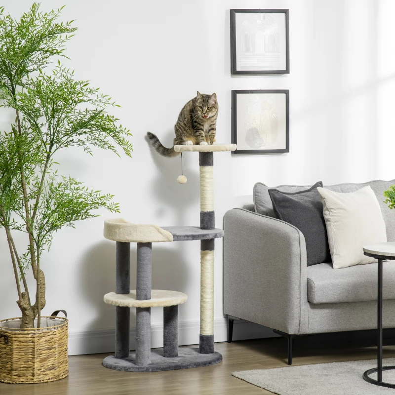 PawHut Albero Tiragraffi per Gatti a 3 Livelli con Pali in Sisal e Altezza 105cm, Grigio