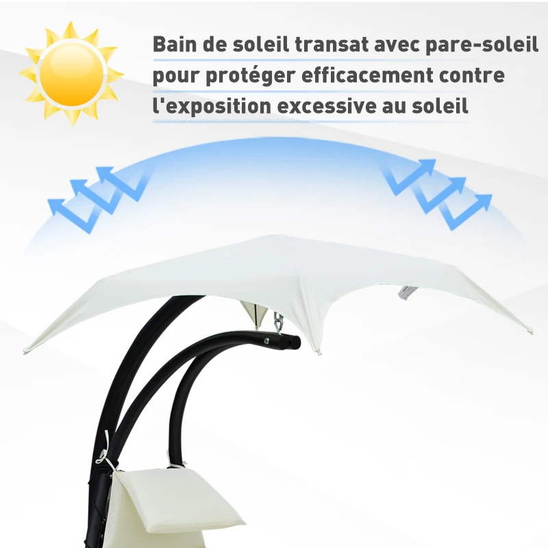 Outsunny Bain de Soleil transat Suspendu Chaise Suspendu Extérieur avec Pare-Soleil et Matelas Design Contemporain 194L x 117l x 192H cm Acier Polyester crème Noir