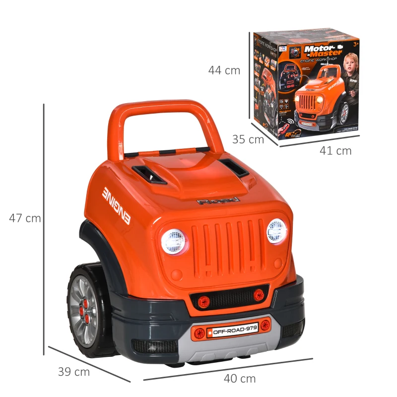HOMCOM Officina Camion Giocattolo per Bambini 3-5 Anni con Motore, Ruote e Maniglia, 61 Accessori, 40x39x47cm, Arancione