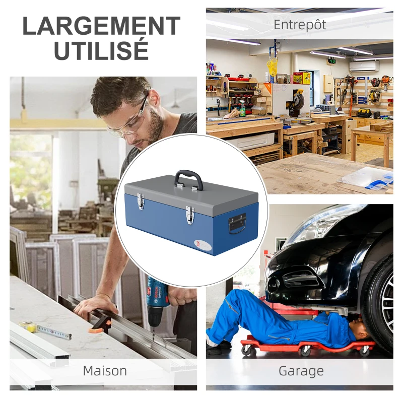 DURHAND Caisse boite à outils en métal transportable avec 3 poignées, 2 loquets, dim. 50L x 26l x 18,5H cm, bleu