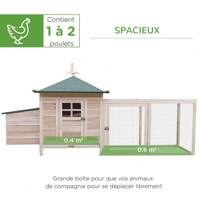 PawHut Poulailler cottage multi-équipement perchoir rampe pondoir enclos tiroir à déjection 196L x 76l x 97H cm bois massif pin