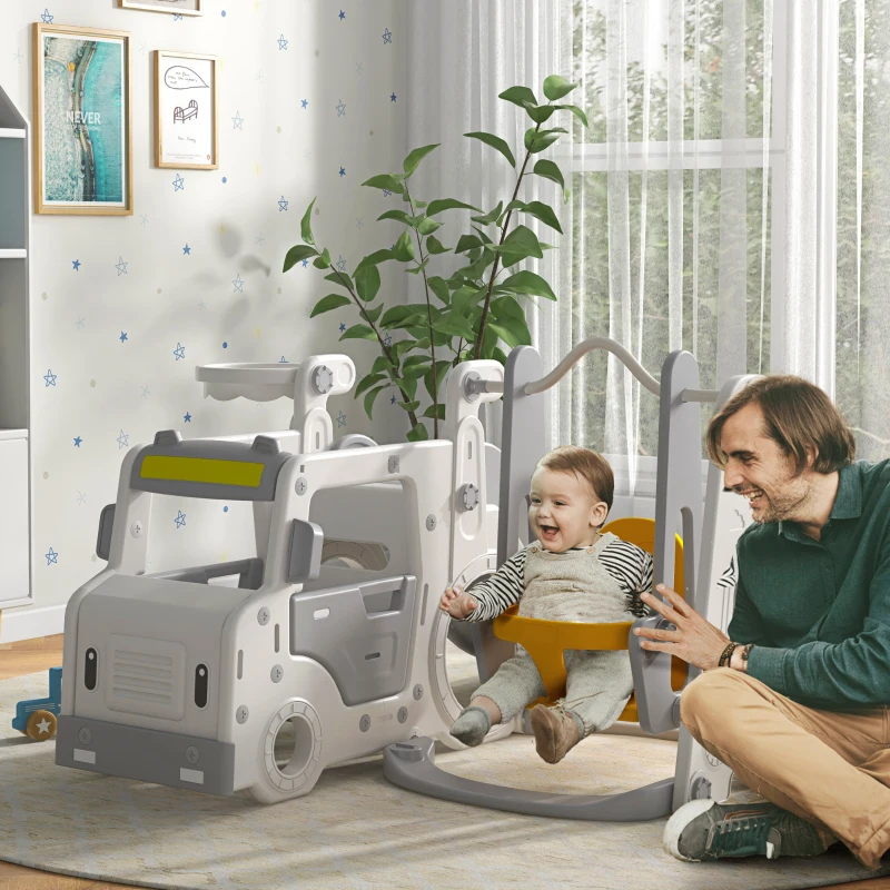 AIYAPLAY Set Scivolo per Bambini 18-48 Mesi con Altalena, Macchinina e Canestro, 201x151x87.5cm, Bianco