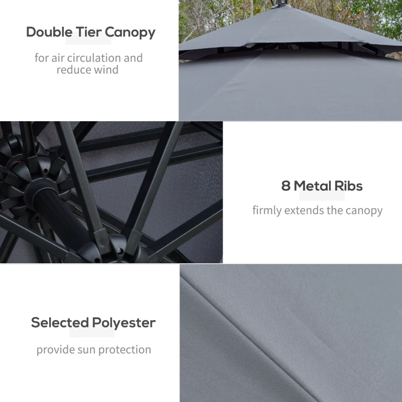 Outsunny 3m LED Light Overhanging Parasol - Grey