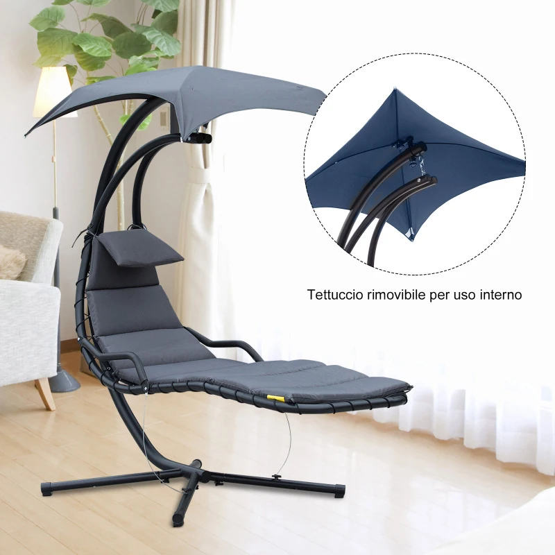 Outsunny Poltrona Sospesa da Giardino con Tettuccio Orientabile a Protezione UV, Sedia a Dondolo Sospesa Imbottito per Esterno, Grigio Scuro 190x115x190 cm