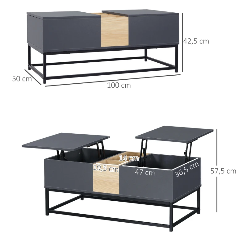HOMCOM Table basse relevable 2 plateaux avec compartiments cachés et étagères ouvertes effet bois gris foncé