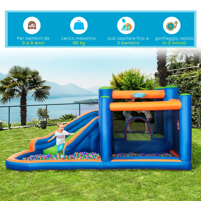 Outsunny Castello Gonfiabile per Bambini 3-8 Anni con Scivolo, Trampolino e Piscina, 380x340x170cm