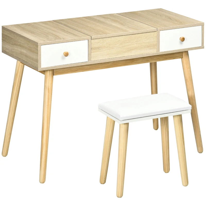 HOMCOM Tocador de Maquillaje con Espejo Abatible Mesa de Maquillaje con Taburete Acolchado Cojín Suave Compartimentos y Cajones Patas de Madera Maciza 100x45x118 cm Color Natural