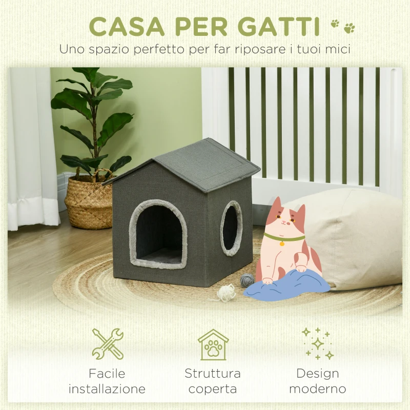 PawHut Casetta per Gatti con Cuscini Lavabili 2 entrate, 39x43.5x40.5cm  Grigio
