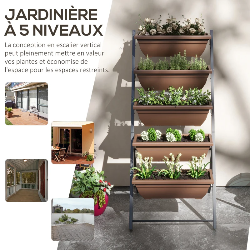 Outsunny Jardinière surélevée avec étages jardinière verticale avec 5 bacs à fleurs trous de drainage cadre en acier marron