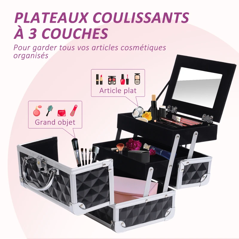 HOMCOM Mallette à maquillage rangement à 3 niveaux avec miroir verrouillage avec 2 clés dim. 20L x 15l x 15H cm noir