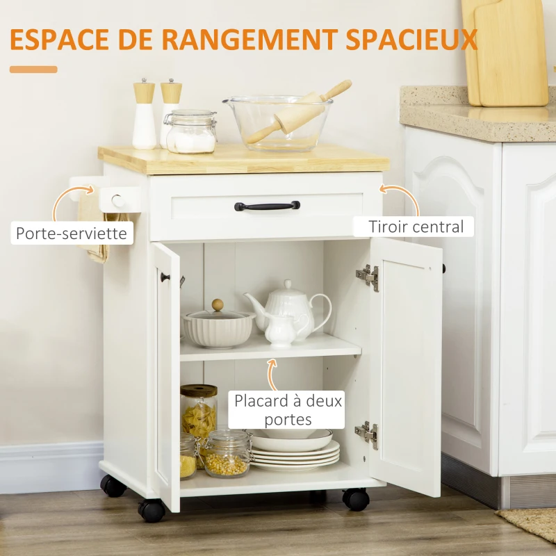 HOMCOM Desserte de cuisine à roulettes multi-rangements 1 tiroir 1 placard 1 portes-torchons blanc et plateau en bois