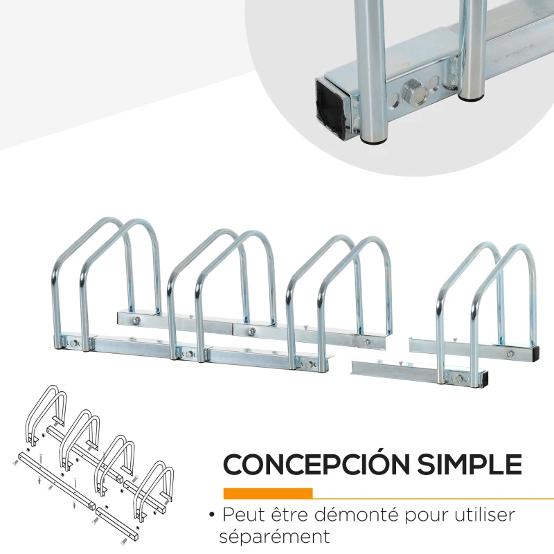 HOMCOM Râtelier pour 4 vélos 100 x 33 x 27 cm Fixations au Sol Acier Galvanisé Argent