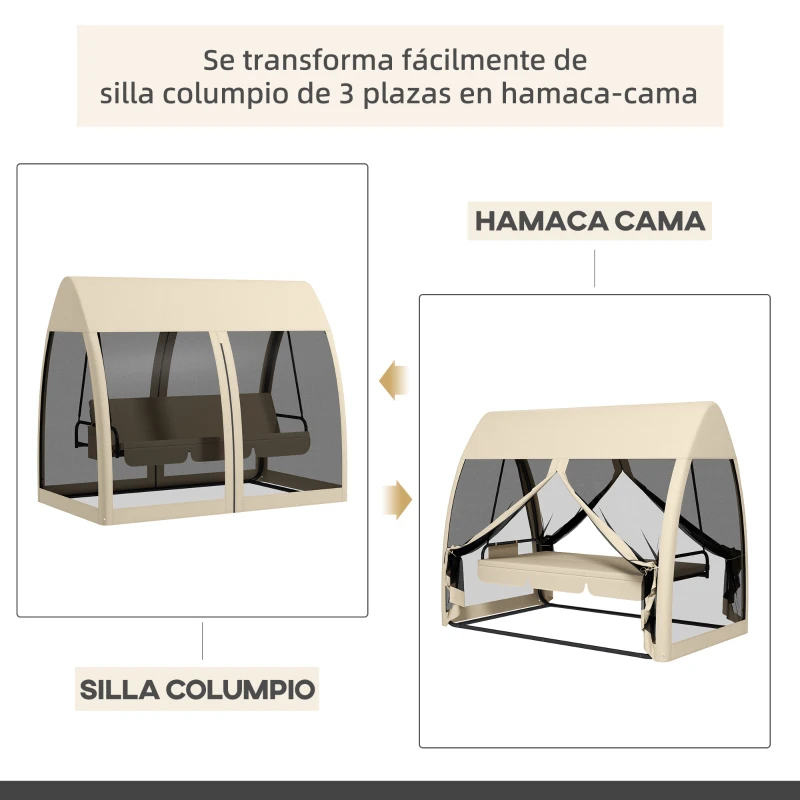 Outsunny Balancín de Jardín de 3 Plazas Convertible en Cama Columpio con Mosquitera Estructura de Metal 240x140x197 cm Beige