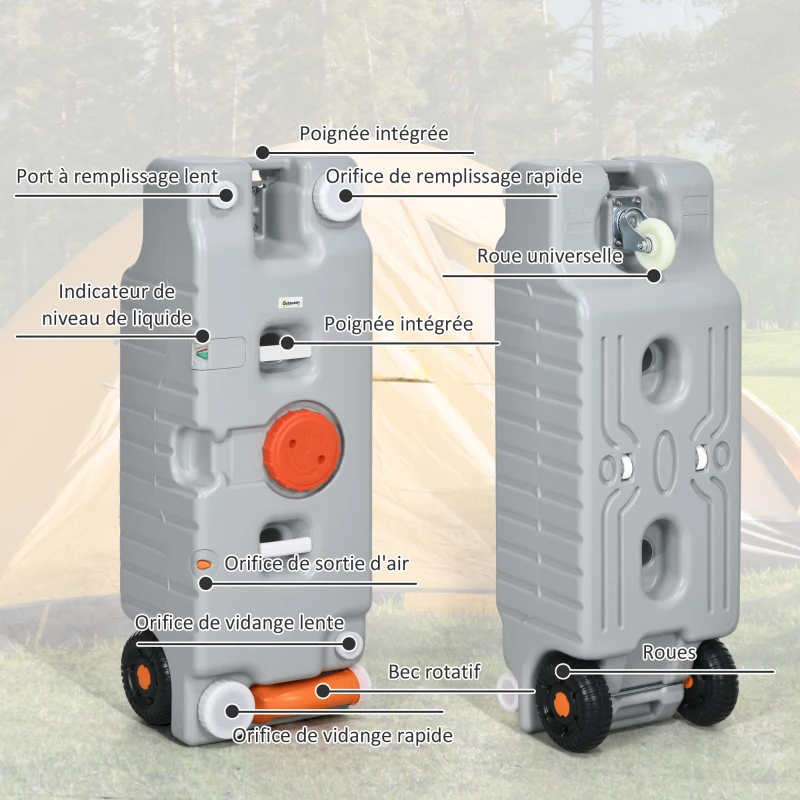 Outsunny Réservoir d'eau portable de 75 litres avec indicateur de niveau, 3 roulettes et poignée pour camping
