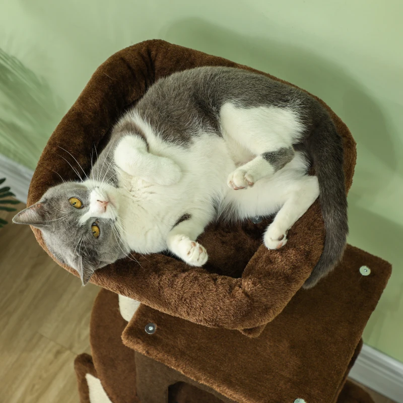 PawHut Árbol Rascador para Gatos 104 cm con Plataformas Poste con Cepillo Bolas Colgantes y Almohadilla para Rascar Marrón