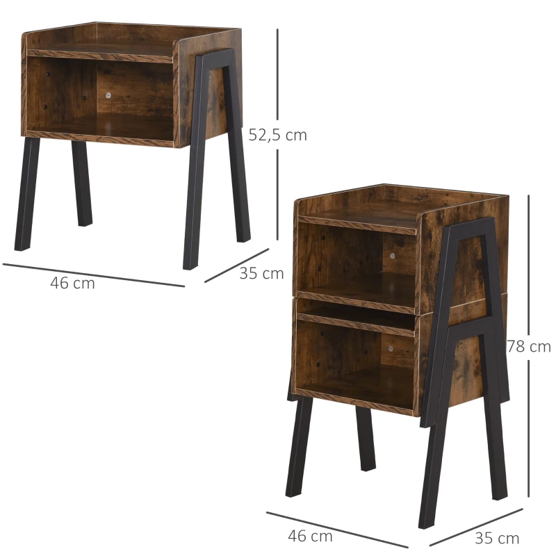 HOMCOM Lot de 2 Tables de Chevet empilables Tables de Nuit en bois table d'Appoint Style Industriel 46 x 35 x 52,5 cm Marron Rustique et Noir