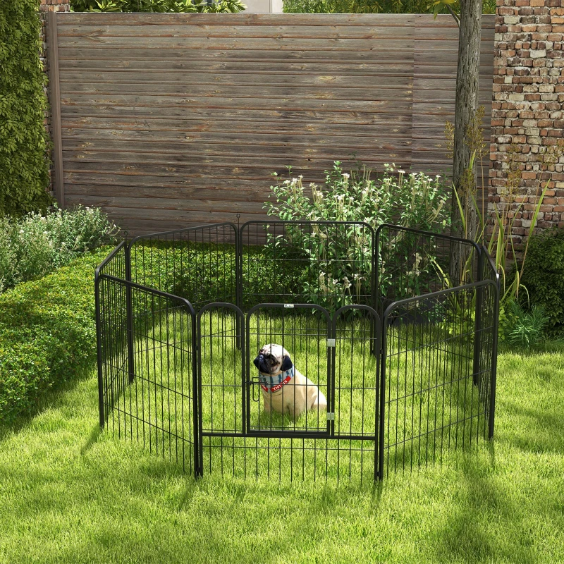 PawHut Recinto per Cani di Piccola Taglia a 8 Pannelli Modulabili da 80x1.5x80 cm, Box per Cani e Cuccioli Pieghevole con Porta in Acciaio con 8 Picchetti, Nero
