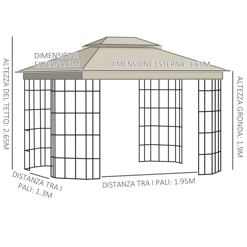 Outsunny Gazebo da Giardino con Zanzariera, Tetto a 2 Livelli e Struttura in Metallo, 3.7x3m, Beige