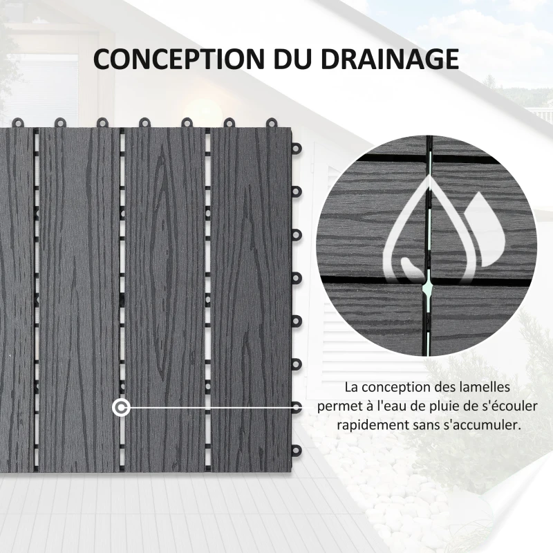Outsunny Dalles terrasse - caillebotis - Lot de 11 pcs, Surface Max. 1 m² - emboîtables, Installation très Simple, dim. 30 x 30 cm