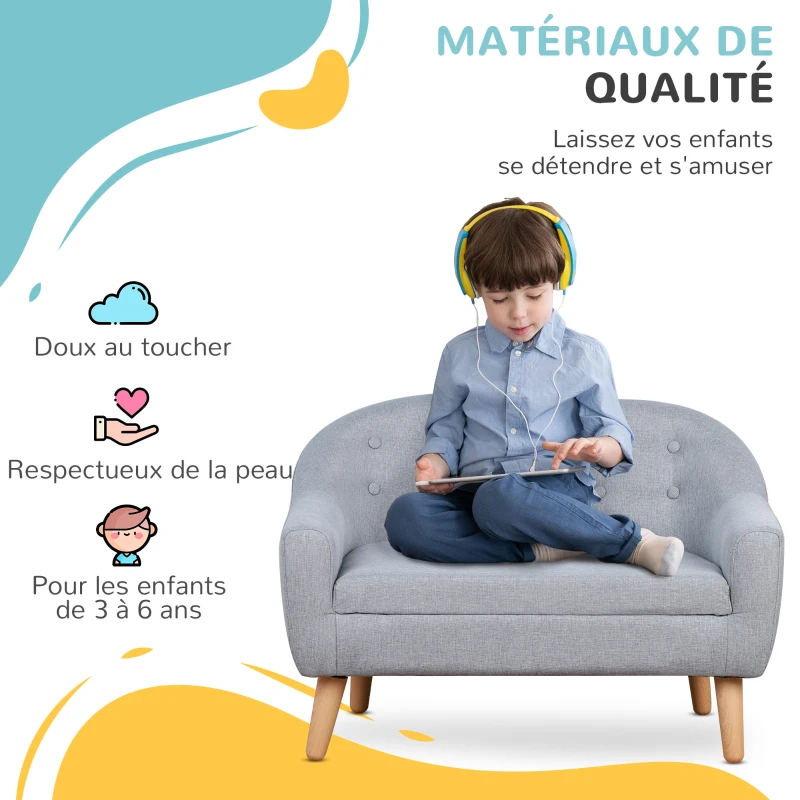HOMCOM Fauteuil Enfant Canapé Chaise Enfant Design scandinave Grand Confort Dossier capitonné 10 Boutons piètement effilé Aspect Bois Clair revêtement Lin dim. 76L x 51P x 53,5H cm Gris Clair
