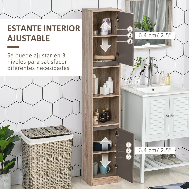 HOMCOM Armario Alto para Baño Columna de Baño con 2 Puertas y 2 Estantes Abiertos Mueble Auxiliar de Almacenaje para Salón Recibidor 30x24x170 cm Roble y Gris