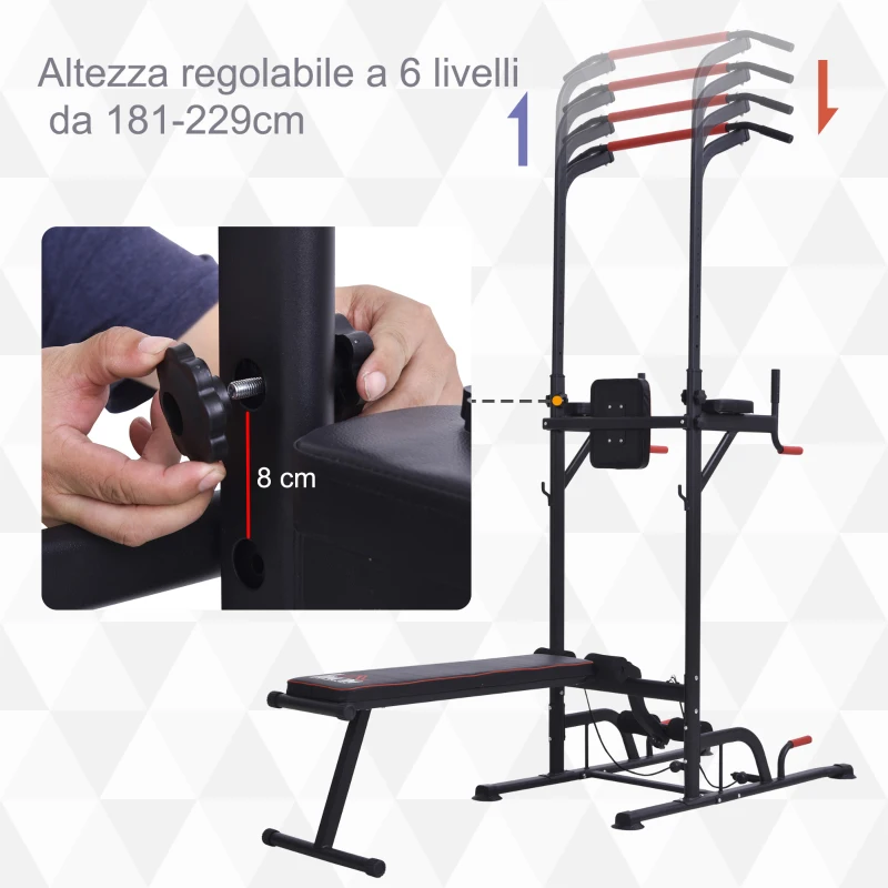 HOMCOM Palestra Multifunzione Power Tower per Allenamento a Casa con Panca e Barra di Trazione, Stazione Fitness Pieghevole, 98x 220x181-229cm