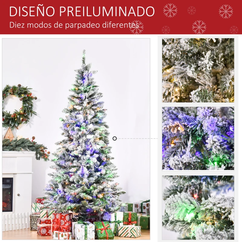 HOMCOM Árbol de Navidad Artificial con 250 Luces LED 210 cm Árbol Nevado con 829 Ramas Base Plegable de Metal Ø112x210 cm Verde