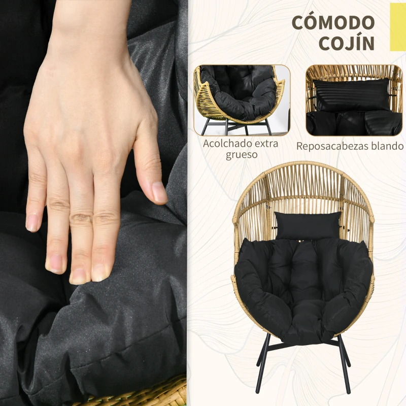 Outsunny Sillón de Ratán PE en Forma de Huevo con Reposacabezas Acolchado Cojín y Marco de Acero 89x75x143 cm Arena y Negro