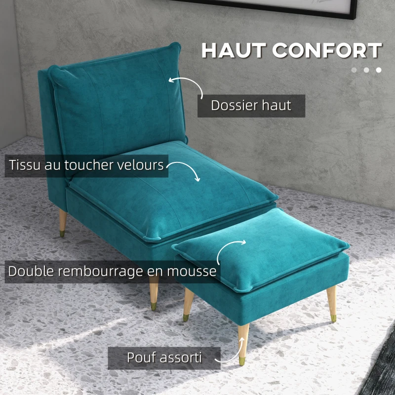 HOMCOM Fauteuil de relaxation avec repose-pieds fauteuil relax de salon pieds en bois d'hévéa revêtement aspect velours bleu