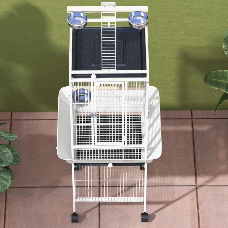 PawHut Jaula para Loros con Ruedas Perchas Comederos y Bandeja Extraíble Pajarera para Cacatúas Cotorras 62,5x62,5x156cm Blanco