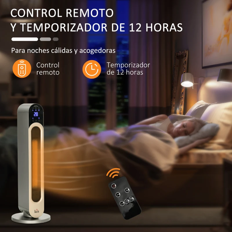 HOMCOM Calefactor Cerámico de Torre 1100/2200W con Mando Pantalla LED Temporizador y Oscilación Ø25x73,5 cm Plata