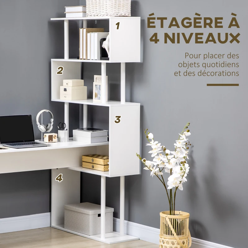 HOMCOM Bureau d'angle bureau informatique en forme de L avec étagères à 4 niveaux en bois 120 x 80 x 176 cm blanc(m-5)