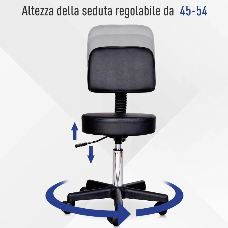 HOMCOM Sgabello con Schienale da Salone Sedia Girevole in Finta Pelle Altezza Regolabile Nero
