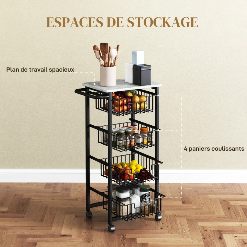 HOMCOM Desserte cuisine 4 niveaux chariot de service sur roulettes plan de travail cadre en acier 49,5 x 31 x 91 cm gris clair