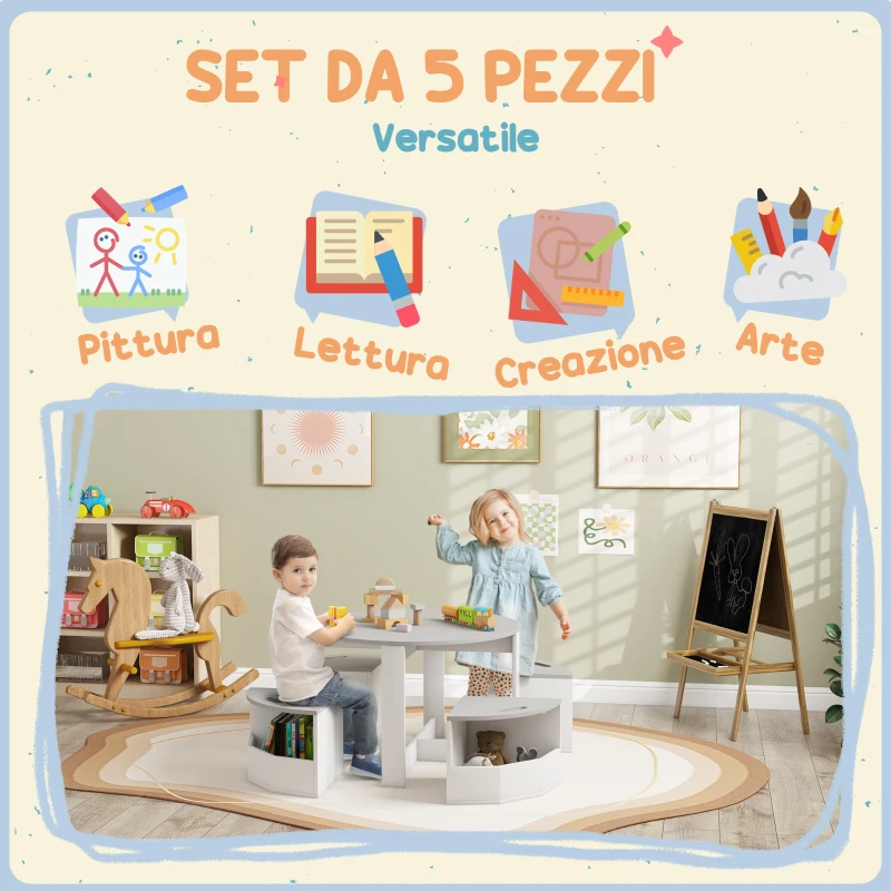 AIYAPLAY Set con Tavolo per Bambini e 4 Sgabelli Salvaspazio con Vano Contenitore in Legno, Grigio